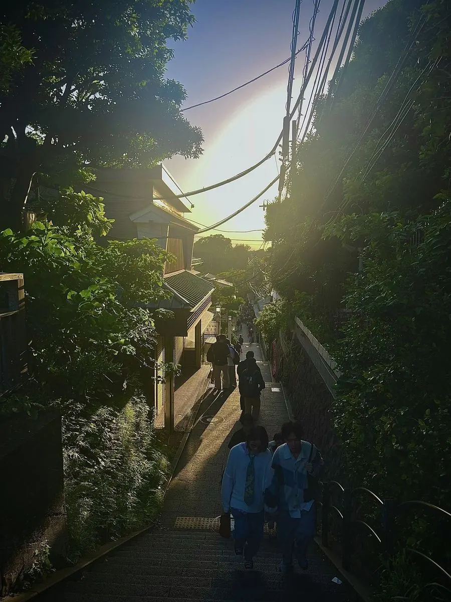 A hillside staircase in Japan at golden hour